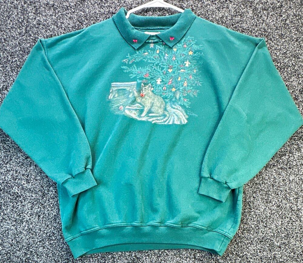 Vintage 90s Northern Reflections Christmas Cat Sweatshirt Womens XL Green Xmas